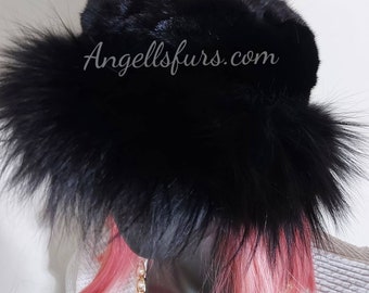 BLACK MINK HAT with Black Fox!Brand New Real Natural Genuine Fur!