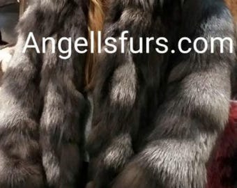 SILVER FOX Hooded Fur Coat!Brand New Real Natural Genuine Fur
