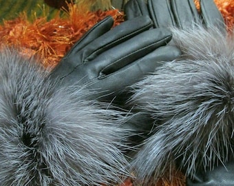 BLACK LEATHER GLOVES with Silver Fox trim!Brand New Real Natural Genuine Fur!