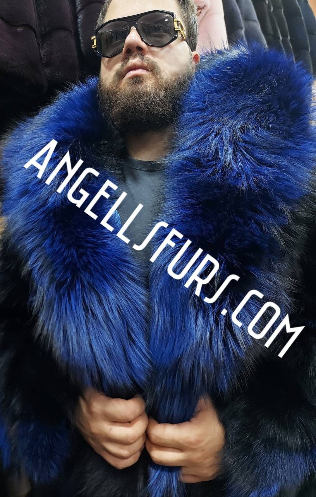 Blue fur top coat mens