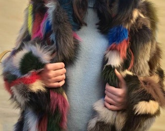 MULTICOLORED FOX COAT!Brand New Natural Real fur!