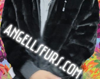 Men's HOODED MINK BOMBER Jacket!Brand New Real Natural Genuine Fur!
