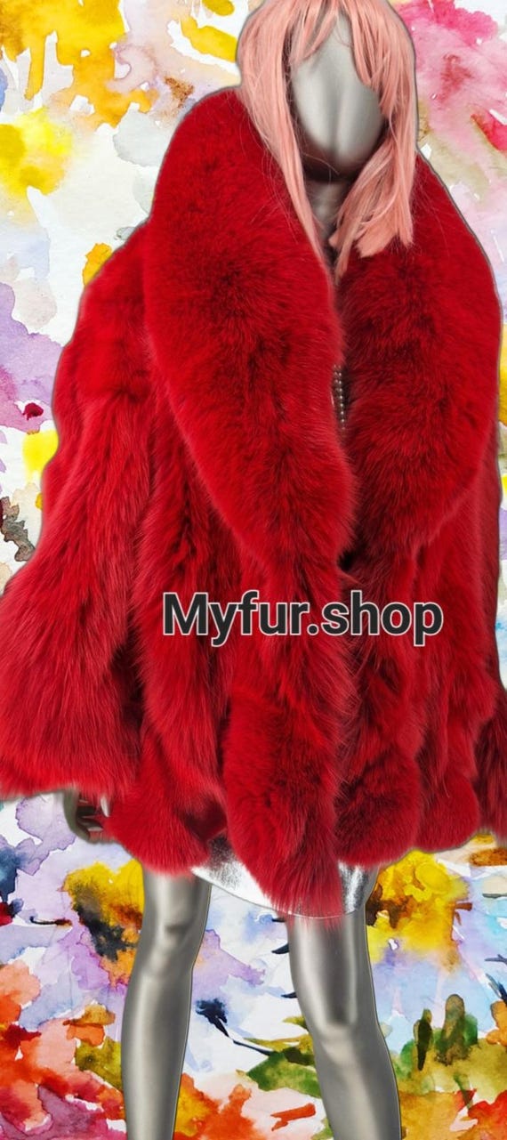 レッドカラーのフォックスファーコート！新品本物の天然本毛皮