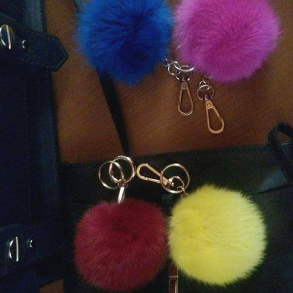 Porte-clés pompon en fourrure de vison JAUNE ! Toute nouvelle vraie fourrure naturelle véritable !