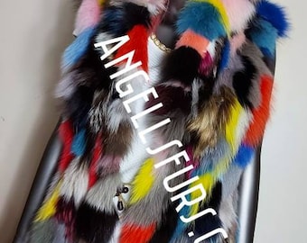 MULTICOLOR HOODED LONG Fox Vest!Brand New Real Natural Genuine Fur!