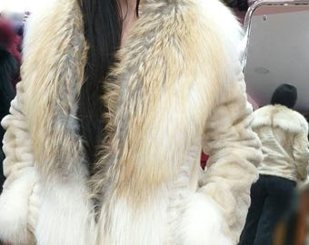SHEARED MINK FULLPELTS Fur with Fox Collar!Brand New Real Natural Genuine Fur
