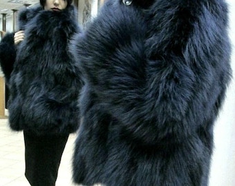 FOX BLUE COLOR Fur Jacket!Fluffy!Order Any color!Brand New Real Natural Genuine Fur!