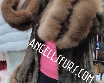 MINK FUR COAT with Fox Trims!Brand New Real Natural Genuine Fur!