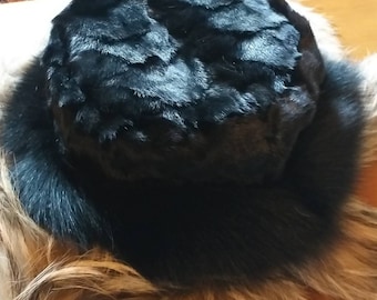 BLACK MINK HAT with Black Fox!Brand New Real Natural Genuine Fur!