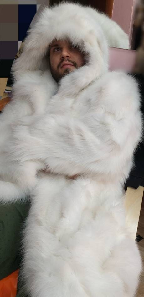 MEN'S WHITE FOX Long Hooded Fur Coat!Brand New Real Natural Genuine Fur!