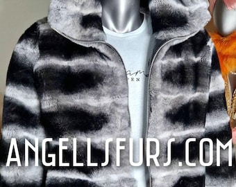 MEN'S REX HOODED Short Jacket!Order Any color!Brand New Real Natural Genuine Fur!