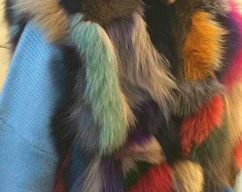 HOODED MULTICOLOR FOX fur Vest!Brand New Real Natural Genuine Fur