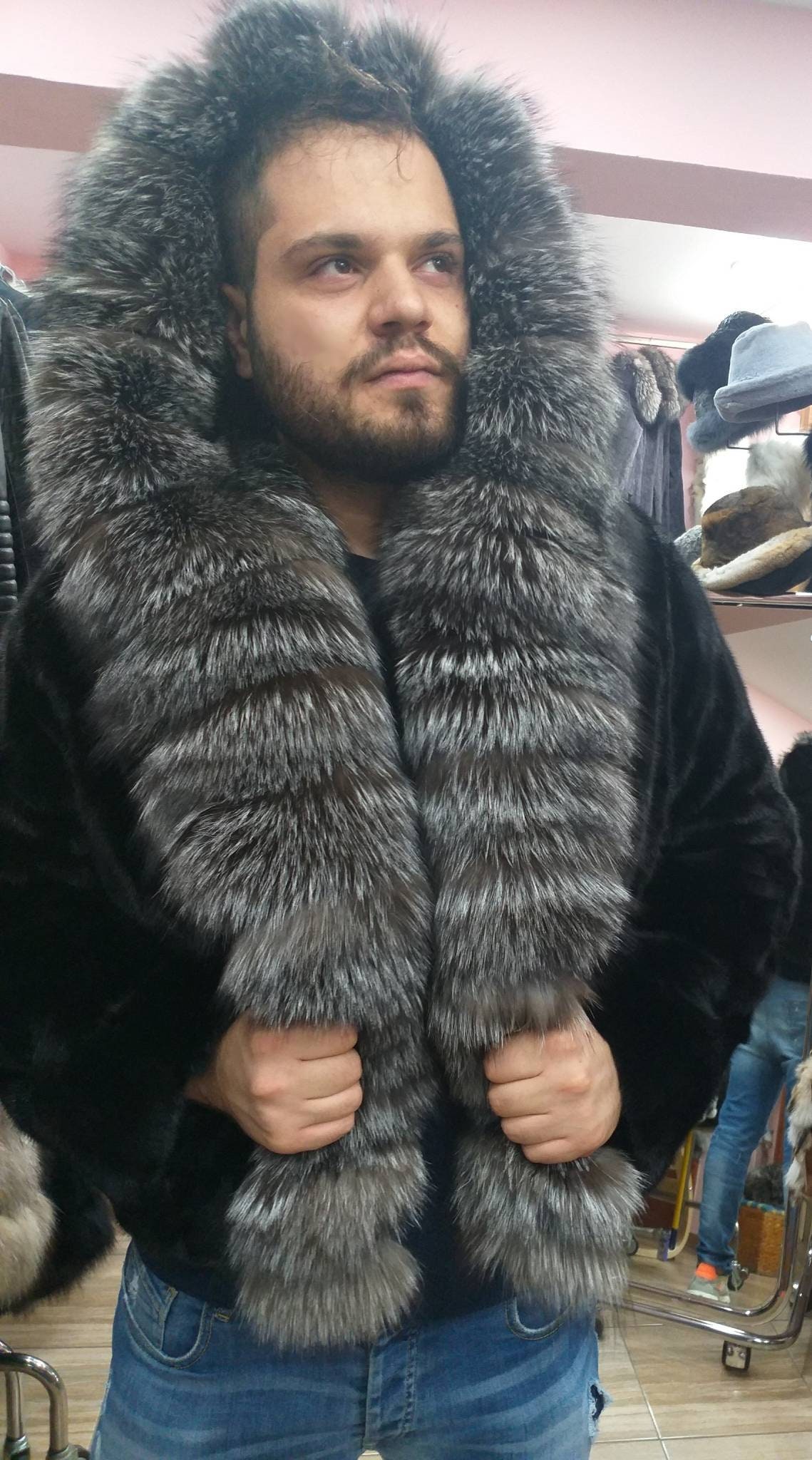 Men'S New Real Natural MINK Fur Jacket with Big SILVER FoX HOOD collar!