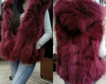 HOODED BURGUNDY FOX Vest!Brand New Real Natural Genuine Fur