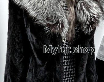 MINK FUR JACKET with Silver Fox collar!Brand New Real Natural Genuine Fur!