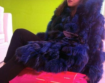 Royal Blue Hooded Fox Fur Coat!Brand New Real Natural Genuine Fur