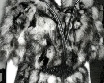 BLACK N WHITE Fox Hooded jacket!Brand New Real Natural Genuine Fur