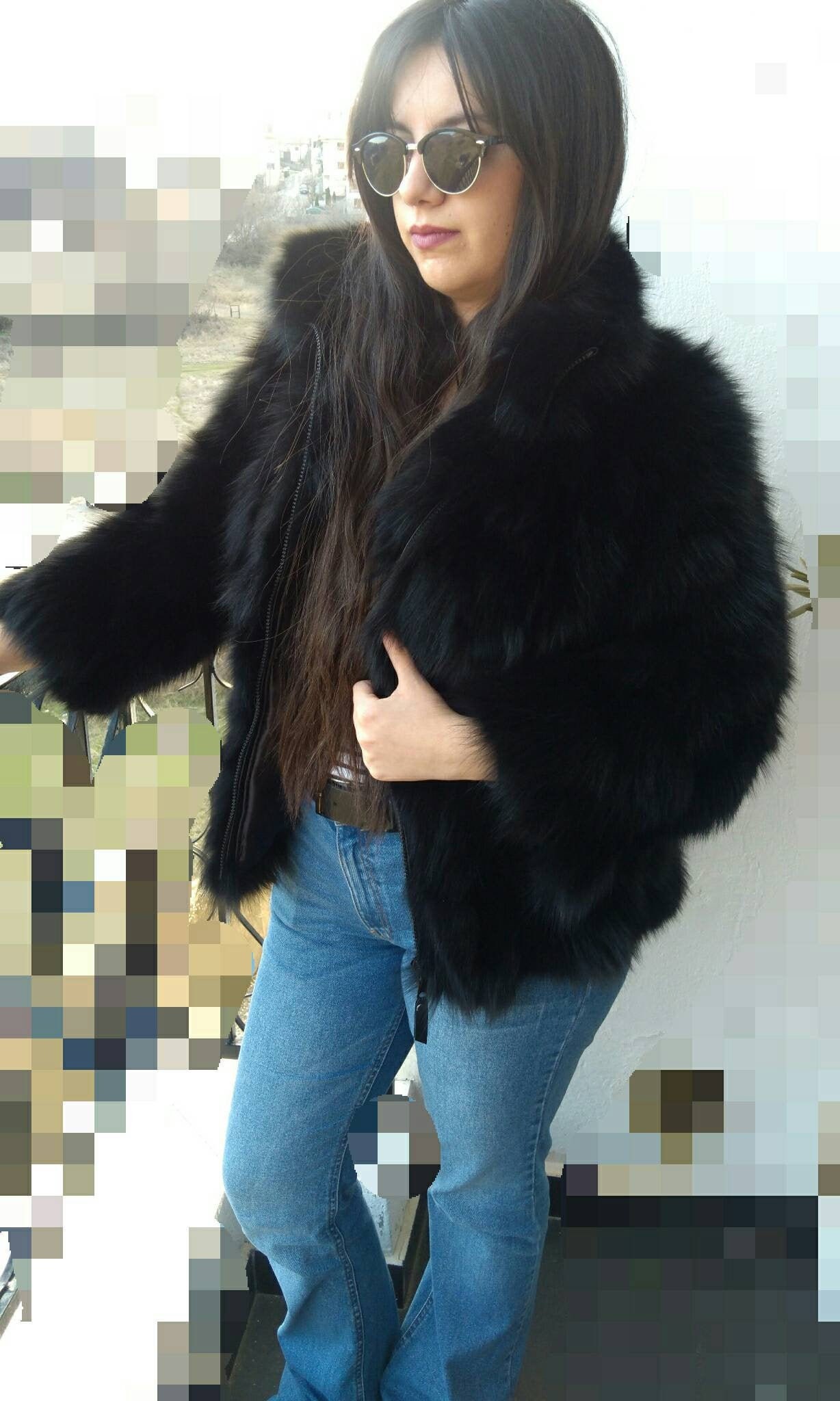 BASIC BLACK!New,Natural, Real Modern Fox Fur Jacket!