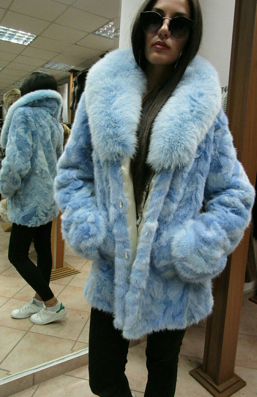 New Natural Real LIGHT BLUE MINK fur coat with Fox! Order Any color!