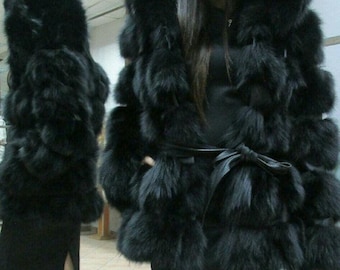 BLACK HOODED FOX Fur coat!Brand New Real Natural Genuine Fur