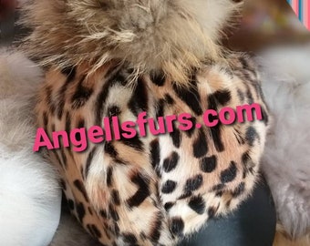 New!Natural,Real Fur Animal print Jockey style HAT with fox pom on top!