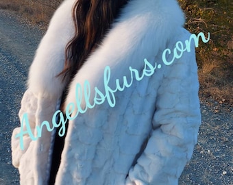 WHITE MINK JACKET with Fox collar!Brand New Real Natural Genuine Fur!