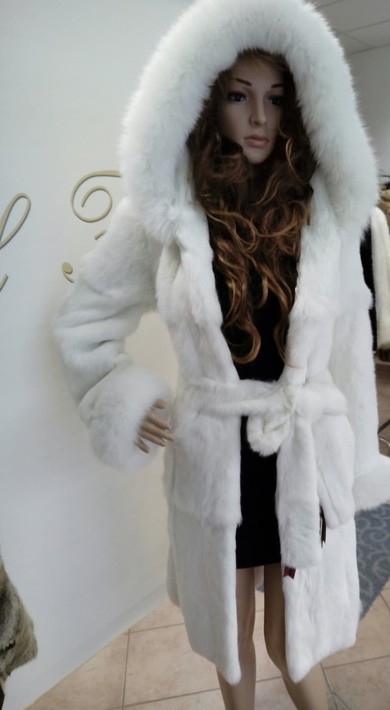 HOODED WHITE RABBIT Fur Coat With Foxorder Any Colorbrand Etsy