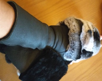 LONG Black Sheepskin GLOVES with Rex fur trim!Brand New Real Natural Genuine Fur