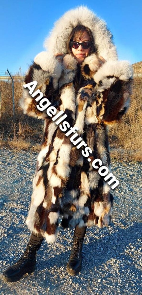 FOX MULTICOLORS LONG Fur Coat!brand New Real Natural Genuine Fur