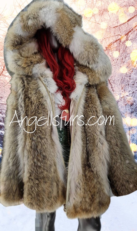 フード付きコヨーテファーコート！新品本物の天然本毛皮！ - Etsy 日本