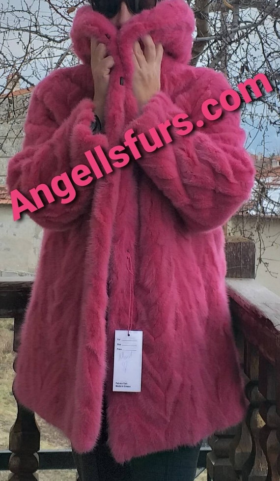 Pink hooded faux store fur coat