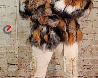 MEN'S SILVER Kross FOX Hooded Jacket!Video Available!Brand New Real Natural Genuine Fur!