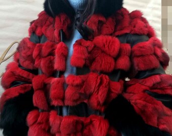 RED Colored FOX JACKET!Brand New Real Natural Genuine Fur