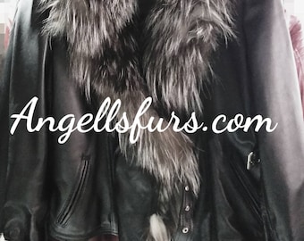 BLACK LEATHER JACKET with Silver Fox collar!Brand New Real Natural Genuine Fur!