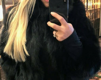 BASIC BLACK!New,Natural, Real Modern  Fox Fur Jacket!