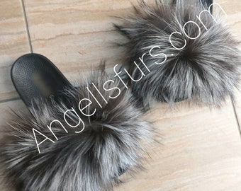 SILVER FOX SLIDES!Brand New Real Natural Genuine Fur!