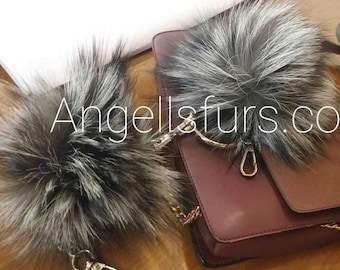 THREE SILVER FOX Pom keychains!Brand New Real Natural Genuine Fur!