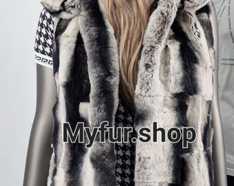 SALE!HOODED REX Vest in chinchilla color!Brand New Real Natural Genuine Fur !