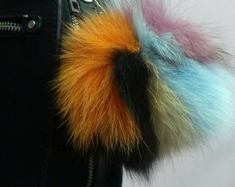THREE MULTICOLOR FOX Pom Keychains!Brand New Real Natural Genuine Fur!