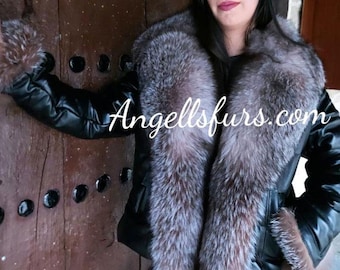 REAL LEATHER JACKET with Crystal  Fox collar!Brand New Real Natural Genuine Fur and Leather!