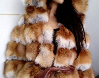 HOODED RED FOX Fur Coat!Brand New Real Natural Genuine Fur