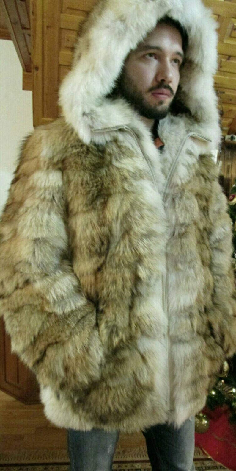 MEN'S NEW Real Natural Hooded COYOTE Fur Jacket | Etsy