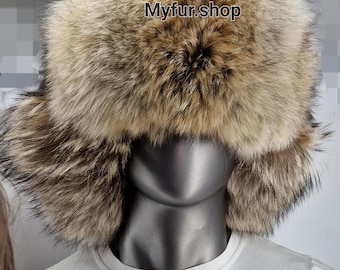MEN'S COYOTE TRAPPER Hat!Brand New Real Natural Genuine Fur!
