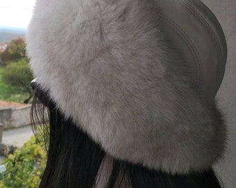 BLUE FOX FUR Hat with White Leather on the back side! Brand New Real Natural Genuine Fur!