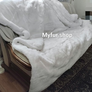 KINGSIZE WHITE REX Fur Throw-Blanket!Brand Real Natural Genuine Fur