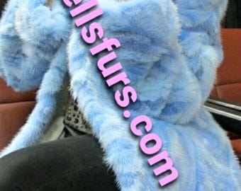 LIGHT BLUE MINK fur coat with Fox Collar! Order Any color!Brand New Real Natural Genuine Fur