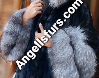 HOODED MINK Fur Coat with Silver Fox trims!Brand New Real Natural Genuine Fur!