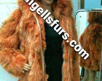 ORANGE FOX FUR Coat!Hooded!Brand New Real Natural Genuine Fur!