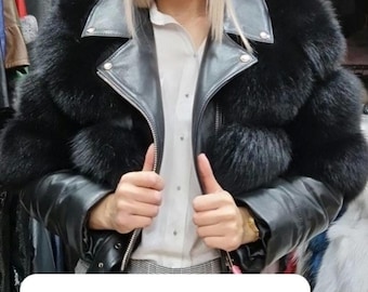 Black Fox Fur and Leather jacket!Brand New Real Natural Genuine Fur