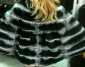 FULLPELTS REX Fur Hooded CAPE in beautiful chinchila color!Brand New Real Natural Genuine Fur